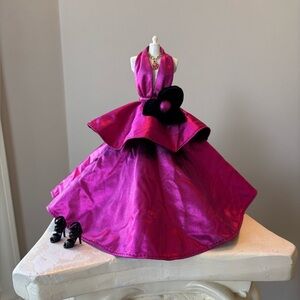 Vintage Barbie Doll Metallic Magenta Pink Evening Gown, OOAK Necklace, & Heels